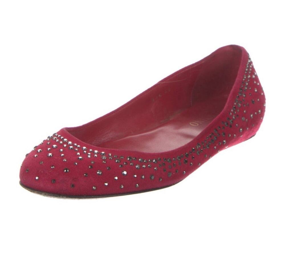 AUTH Valentino Ballet Flats Red Suede Silver Crystal Studded Shoes EU 40 US 10